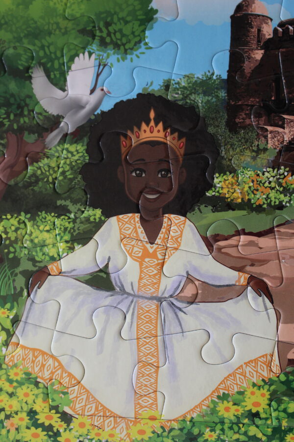 Das Puzzle entstand durch eine äthiopische Kinderbuchautorin, so gibt es ein äthiopisches Mädchen in traditionellem Kleid.